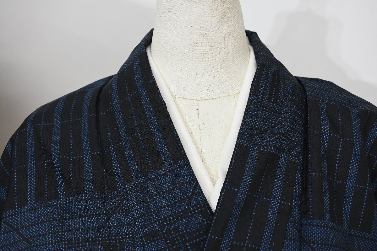 大島紬 お座敷 風景 泥 藍 正絹 身丈152cm 裄丈63cm ★着物 pb-3541 桜庭呉服店拍卖