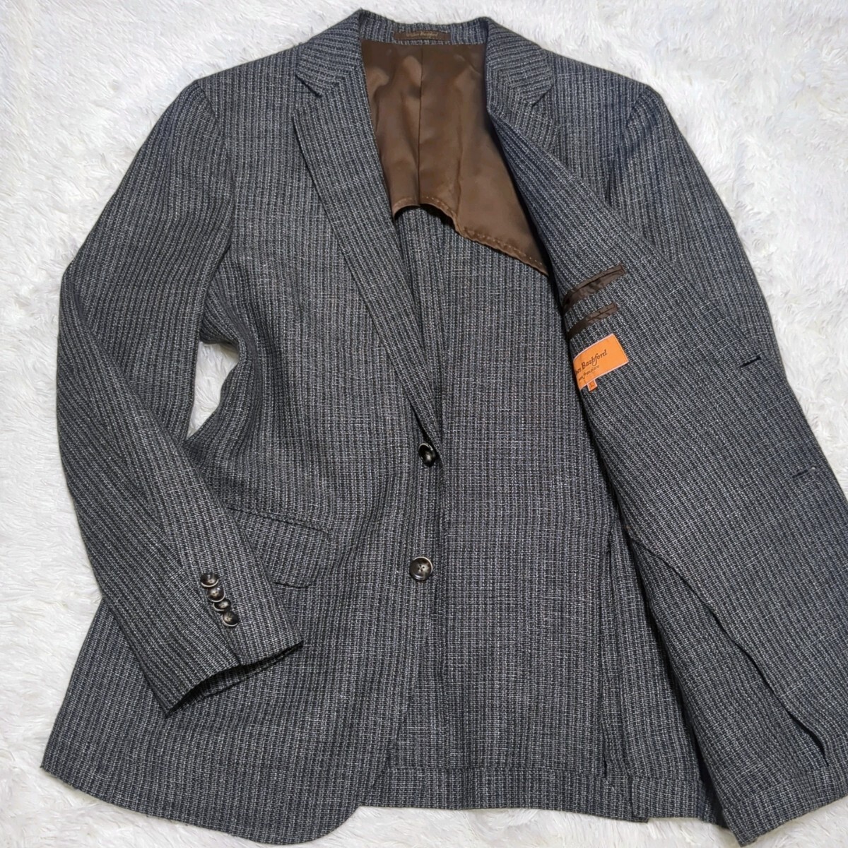 【美品】Wilkes Bashford テーラードジャケット REDA生地 Lサイズ リネン混 グレー 麻 背抜き サイドベンツ Lサイズ拍卖