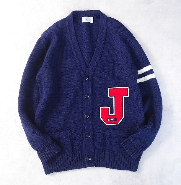 J.PRESS Jプレス ウール100% ロゴ ワッペン レタード カーディガン ニット セーター ライン 樫山 紺 メンズ (L) ネイビー ●r-883拍卖