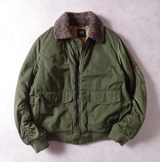 OLD GAP オールド ギャップ 襟ボア ナイロン ボンバー ジャケット G-1 フライト ミリタリー 裏キルティング メンズ (L) グリーン ●r-869拍卖