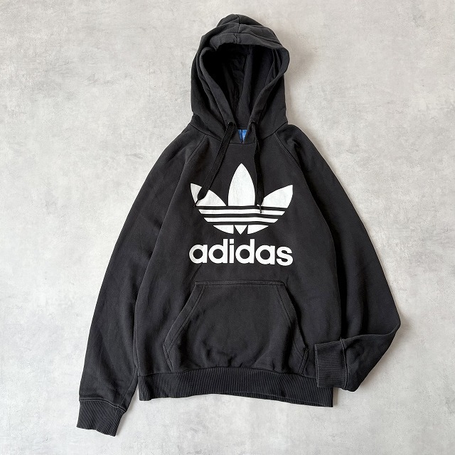 adidas アディダス ロゴ トレフォイル プリント スウェット パーカー ラグランスリーブ ブラック メンズ (UK/S) 黒 ●r-897拍卖
