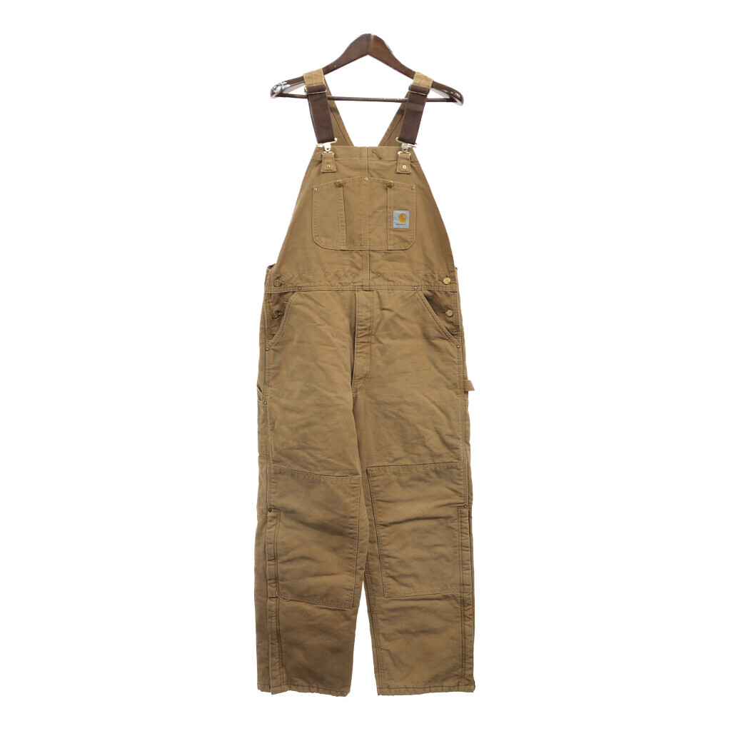 90年代 USA製 Carhartt カーハート ダック ダブルニー オーバーオール ワーク ベージュ (メンズ - L相当) 中古 古着 Q2769拍卖