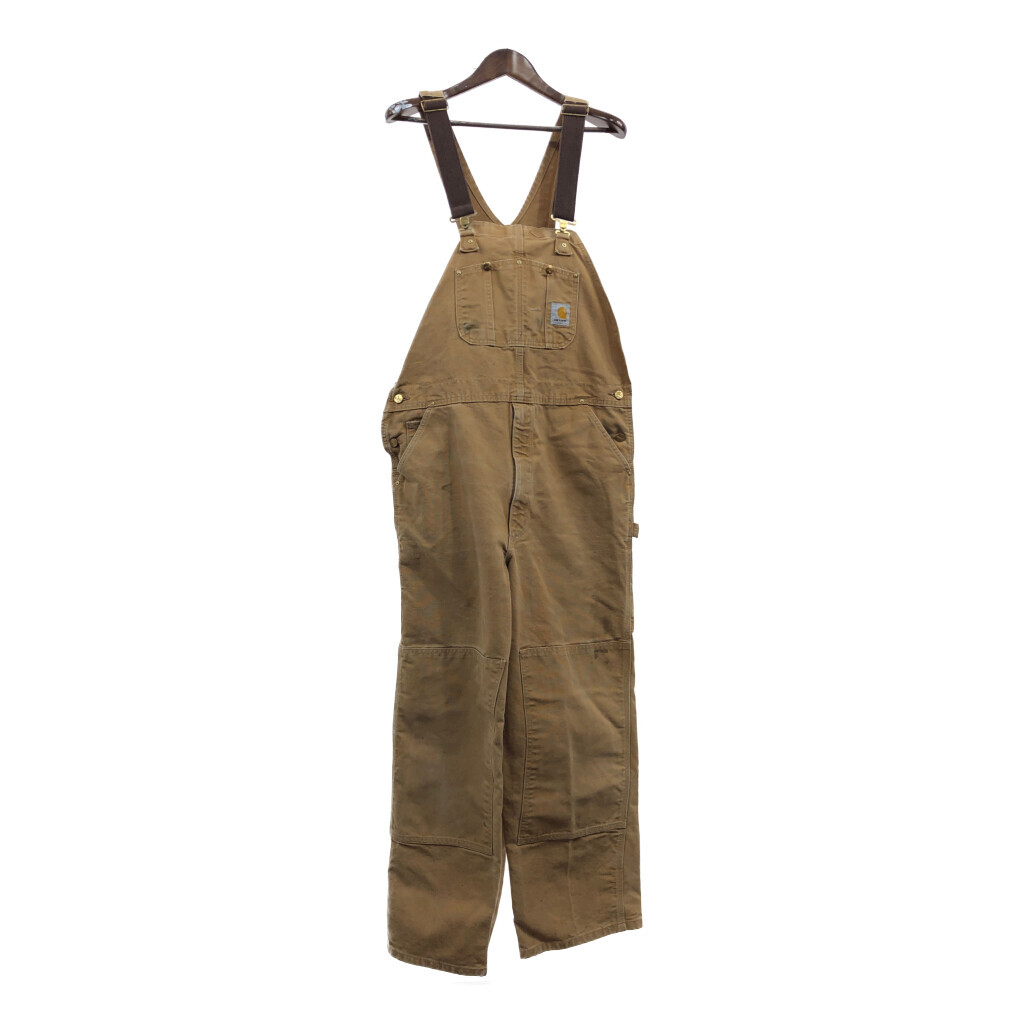 90年代 USA製 Carhartt カーハート ビブオーバーオール ダブルニー 大きいサイズ ベージュ (メンズ W40 L34) 中古 古着 Q3434拍卖