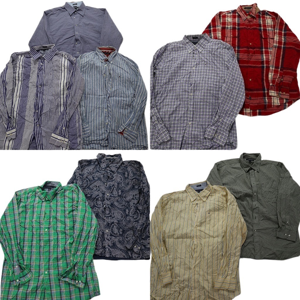 古着卸 まとめ売り トミーヒルフィガー 長袖シャツ 9枚セット (メンズ XL ) ストライプ 総柄 ペイズリー マドラス NB8120 1円スタート拍卖