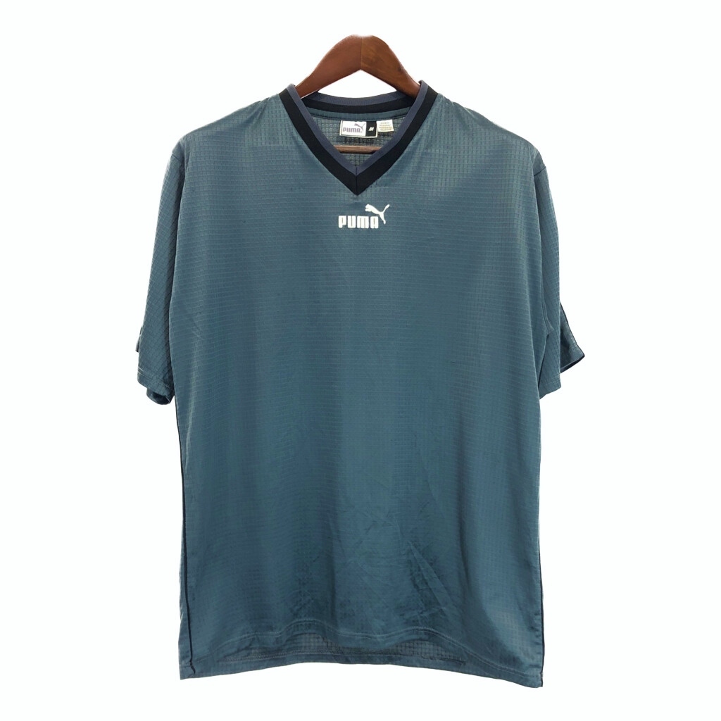 PUMA プーマ ワンポイントロゴ Vネック 半袖Tシャツ スポーツ ワンポイントロゴ グレー(メンズ M)中古 古着 U0149拍卖