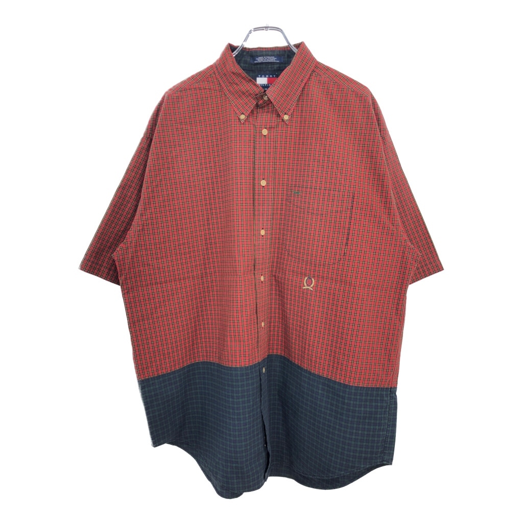 90年代 TOMMY HILFIGER トミーヒルフィガー 半袖ボタンダウンシャツ チェック レッド(メンズ XL)中古 古着 U1822拍卖