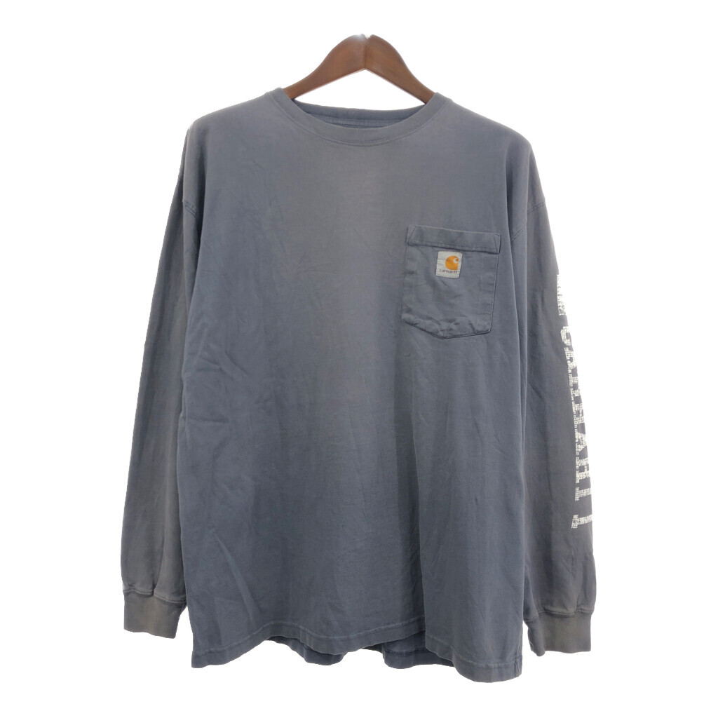Carhartt カーハート ポケット 長袖Tシャツ 袖プリント ワンポイント グレー (メンズ L) Q6024拍卖