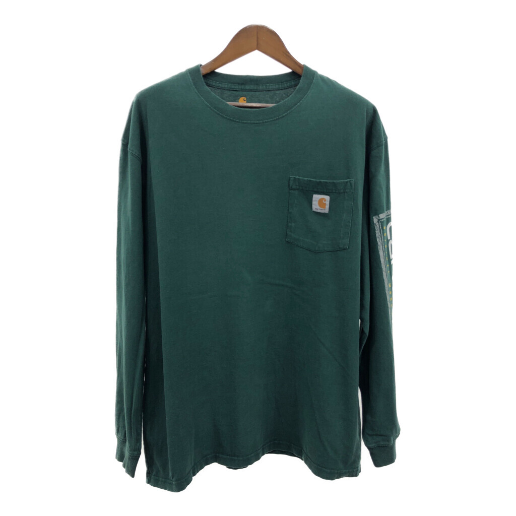 Carhartt カーハート ポケット 長袖Tシャツ 袖プリント グリーン (メンズ XL) Q7068拍卖