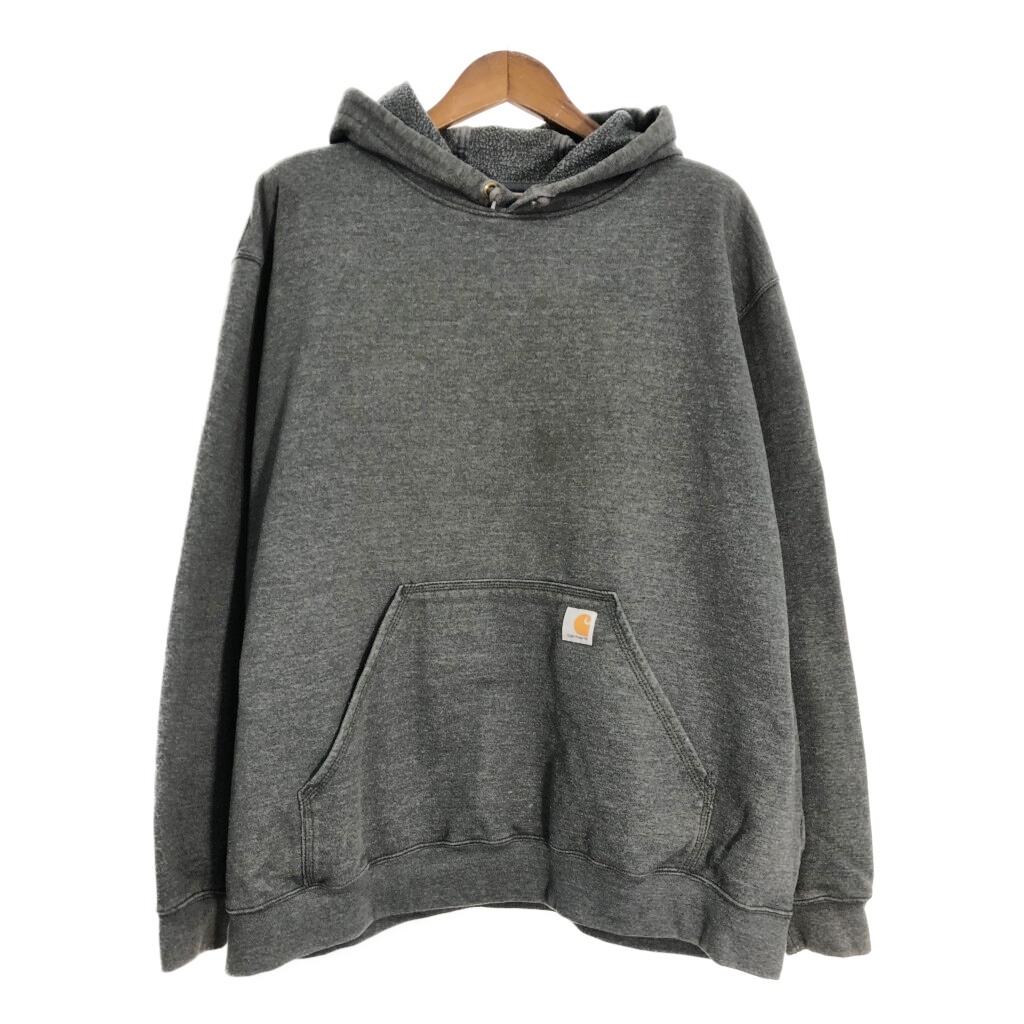 Carhartt カーハート スウェット パーカー 大きいサイズ 袖プリント ワンポイントロゴ グレー (メンズ 2XL) 中古 古着 S8869拍卖