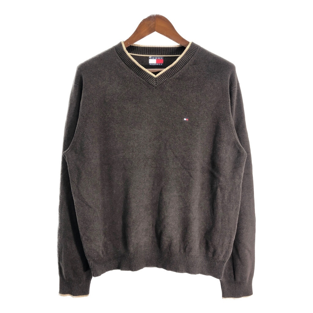 90年代 TOMMY HILFIGER トミーヒルフィガー Vネック コットン ニット セーター ブラウン (メンズ L) 中古 古着 S3636拍卖