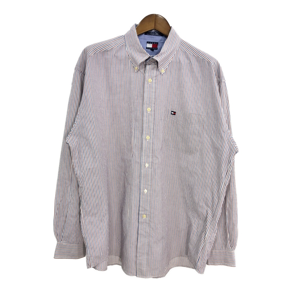 90年代 TOMMY HILFIGER トミーヒルフィガー ボタンダウン 長袖シャツ ストライプ マルチカラー (メンズ XL) 中古 古着 S0747拍卖