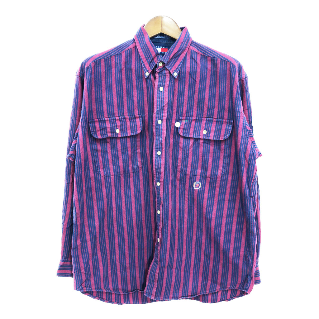 90年代 TOMMY HILFIGER トミーヒルフィガー ボタンダウン 長袖シャツ ストライプ ワインレッド (メンズ L) 中古 古着 S0766拍卖