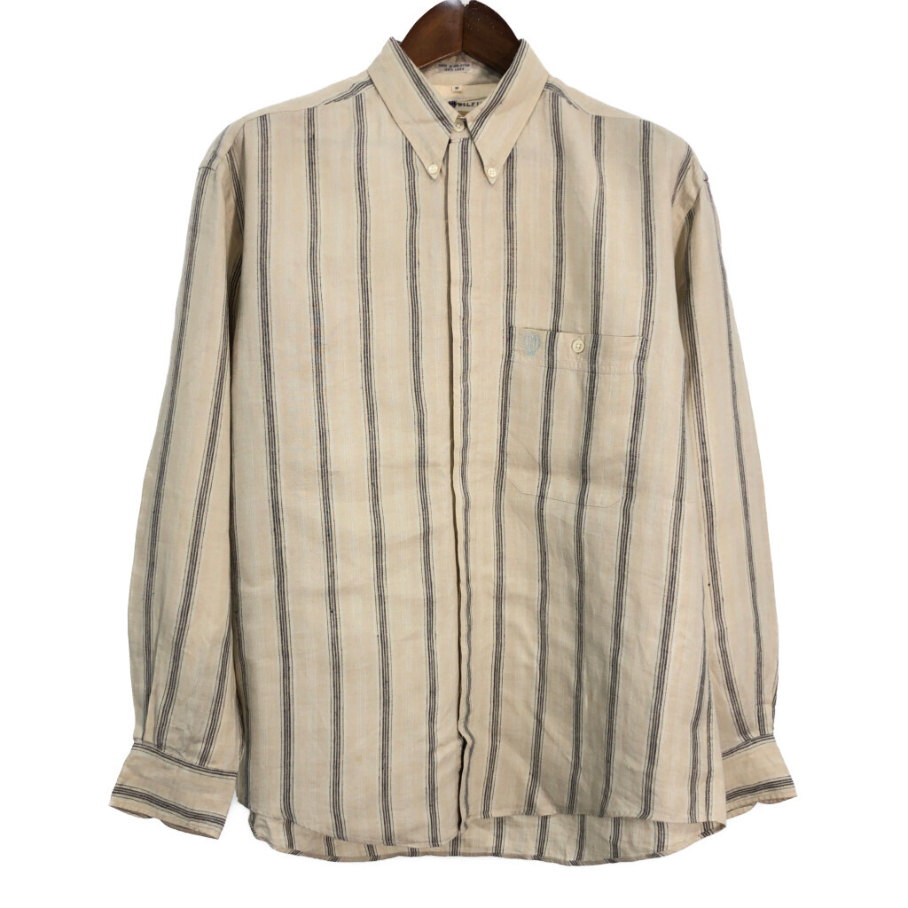 TOMMY HILFIGER トミーヒルフィガー ボタンダウン リネンシャツ ストライプ ベージュ (メンズ M) 中古 古着 R7309拍卖