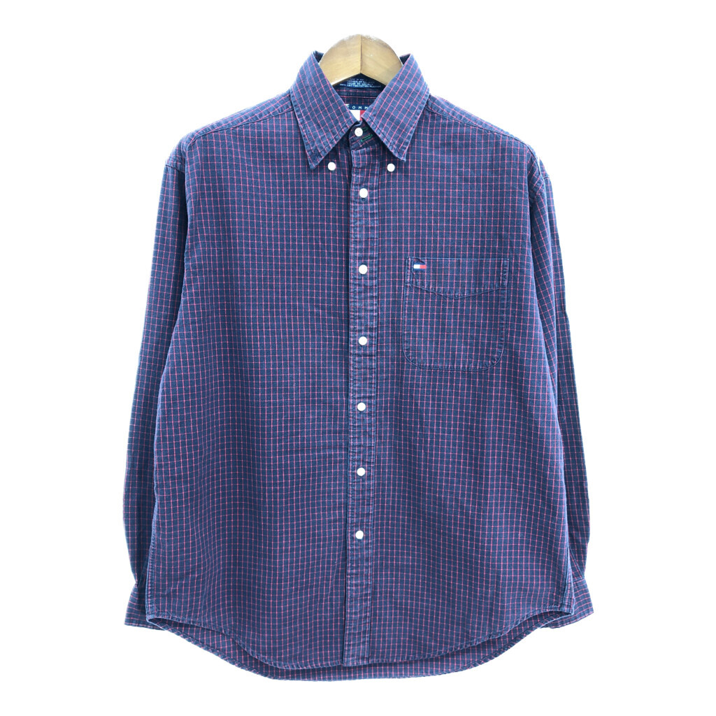 90年代 TOMMY HILFIGER トミーヒルフィガー ボタンダウン 長袖シャツ チェック ネイビー (メンズ M) 中古 古着 R4010拍卖