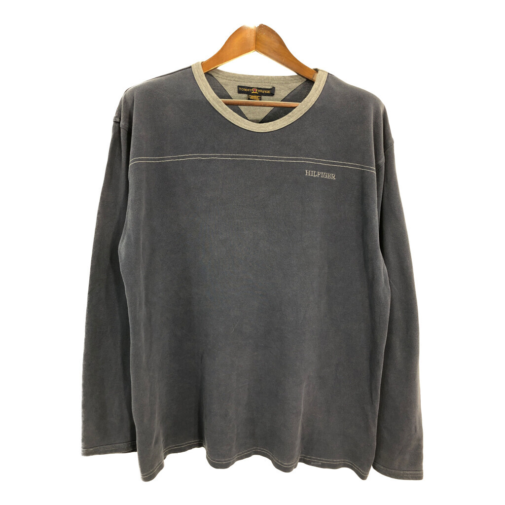 TOMMY HILFIGER トミーヒルフィガー 鹿の子 長袖Tシャツ ワンポイントロゴ ネイビー (メンズ XL) 中古 古着 R4230拍卖