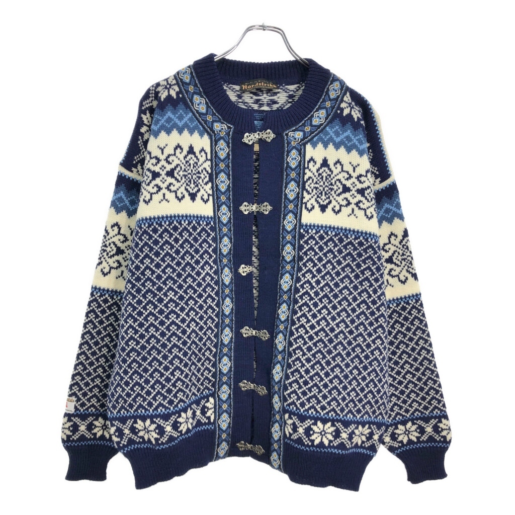 90年代 ノルウェー製 nordstrikk ノードストリック チロリアンニットカーディガン ユーロ 総柄 ブルー(メンズ L)中古 古着 V1858拍卖