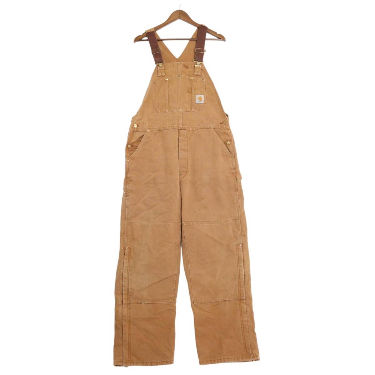 80年代 USA製 Carhartt カーハート ダック ダブルニー ビブオーバーオール 大きいサイズ ブラウン (メンズ W38 L32) 中古 古着 A2092拍卖