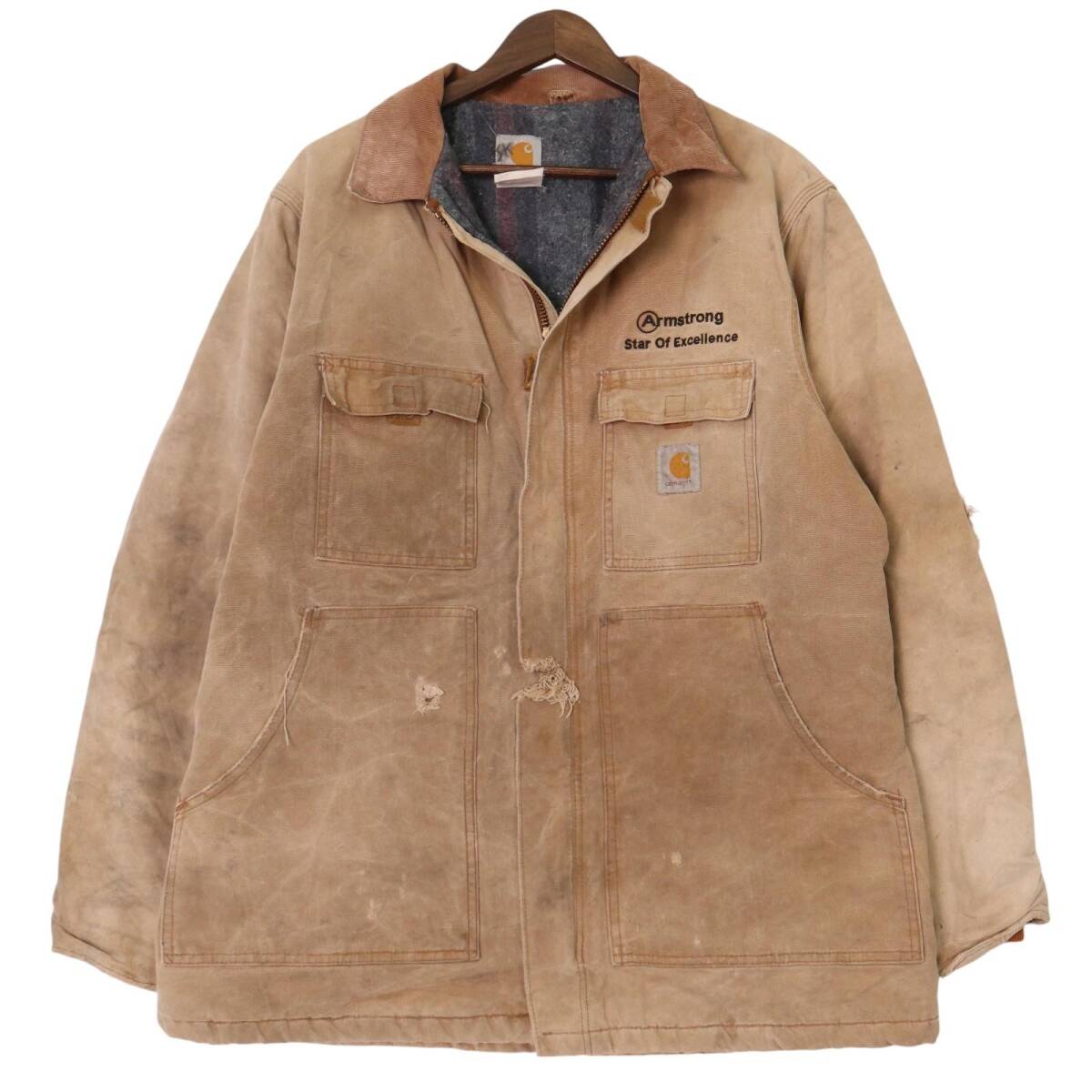 90年代 USA製 Carhartt カーハート トラディショナルコート ワークジャケット ベージュ (メンズ M相当) 中古 古着 A2381拍卖
