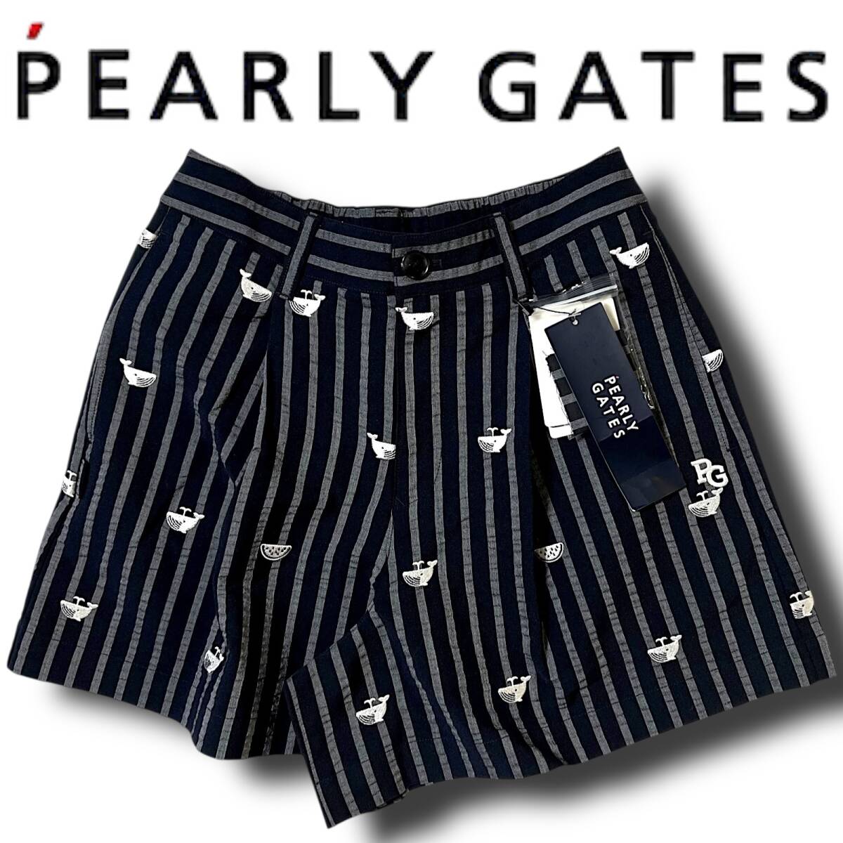 ◆新品 PEARLY GATES パーリーゲイツ 定価3万 速乾通気 クジラ&スイカ刺繍 シアサッカーストライプ キュロット ショートパンツ 00 C276拍卖