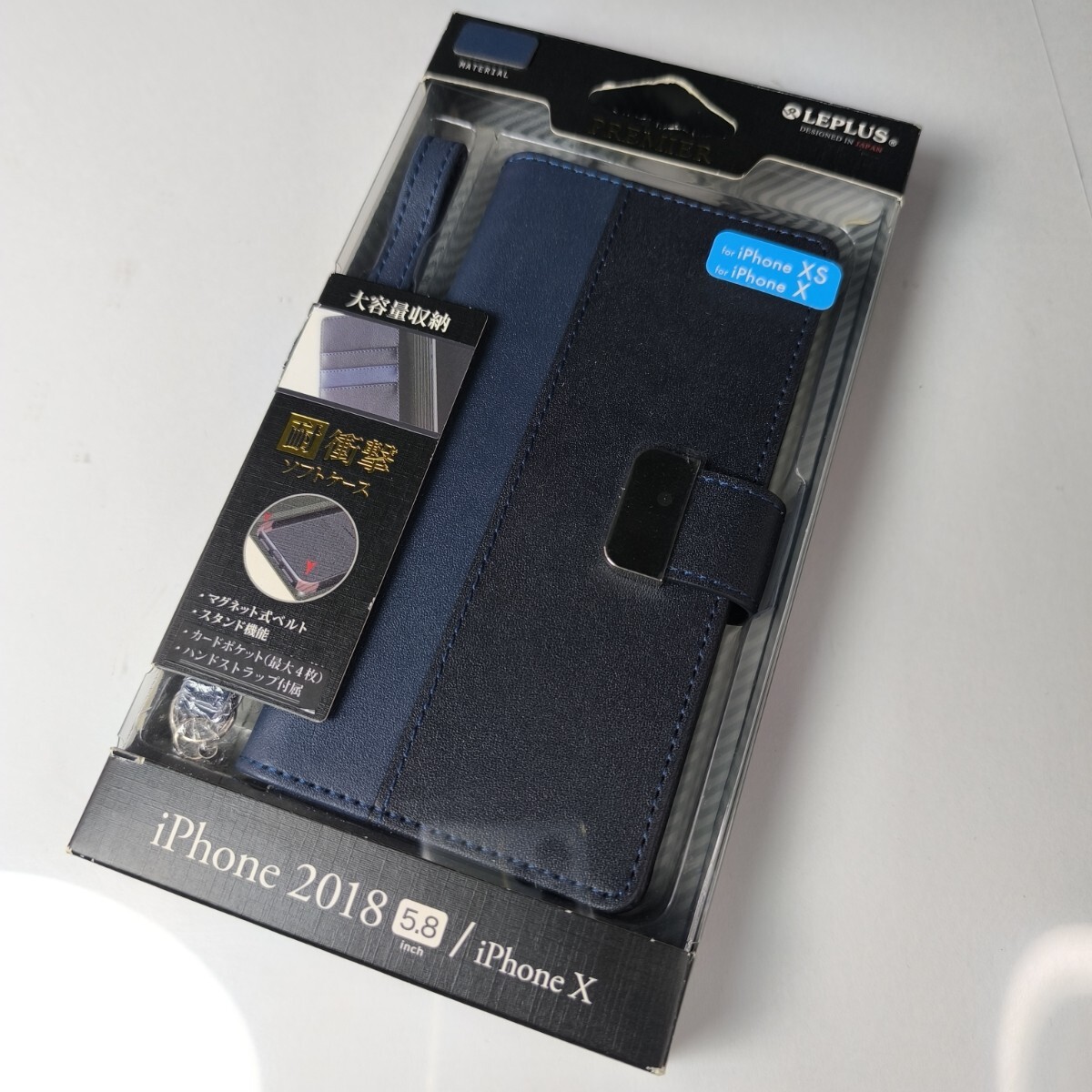 iPhone X XS 手帳型ケース ネイビー ハンドストラップ付属 1078拍卖