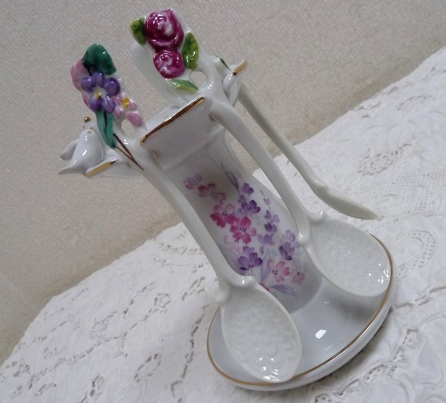 (☆BM)陶器製 ティー スプーン 4本 スタンド付き 鳥/花/ピンク エレガント テーブルアクセサリー 茶器 カトラリー拍卖