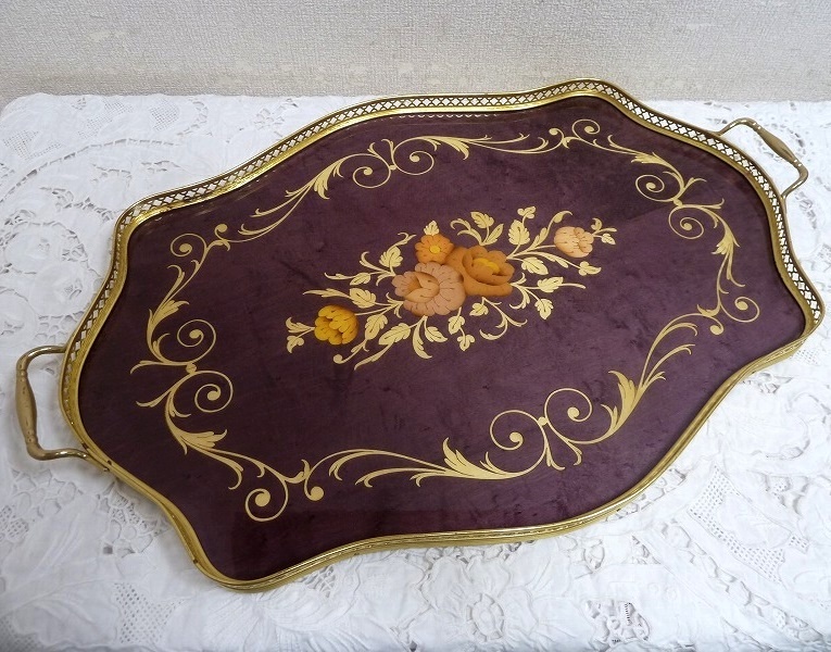 (☆BM)ITALY/イタリア製 ティートレイ 木象嵌 パープル/プラム 紫 ゴールド アンティーク調 クラッシックレトロ お盆 トレー拍卖