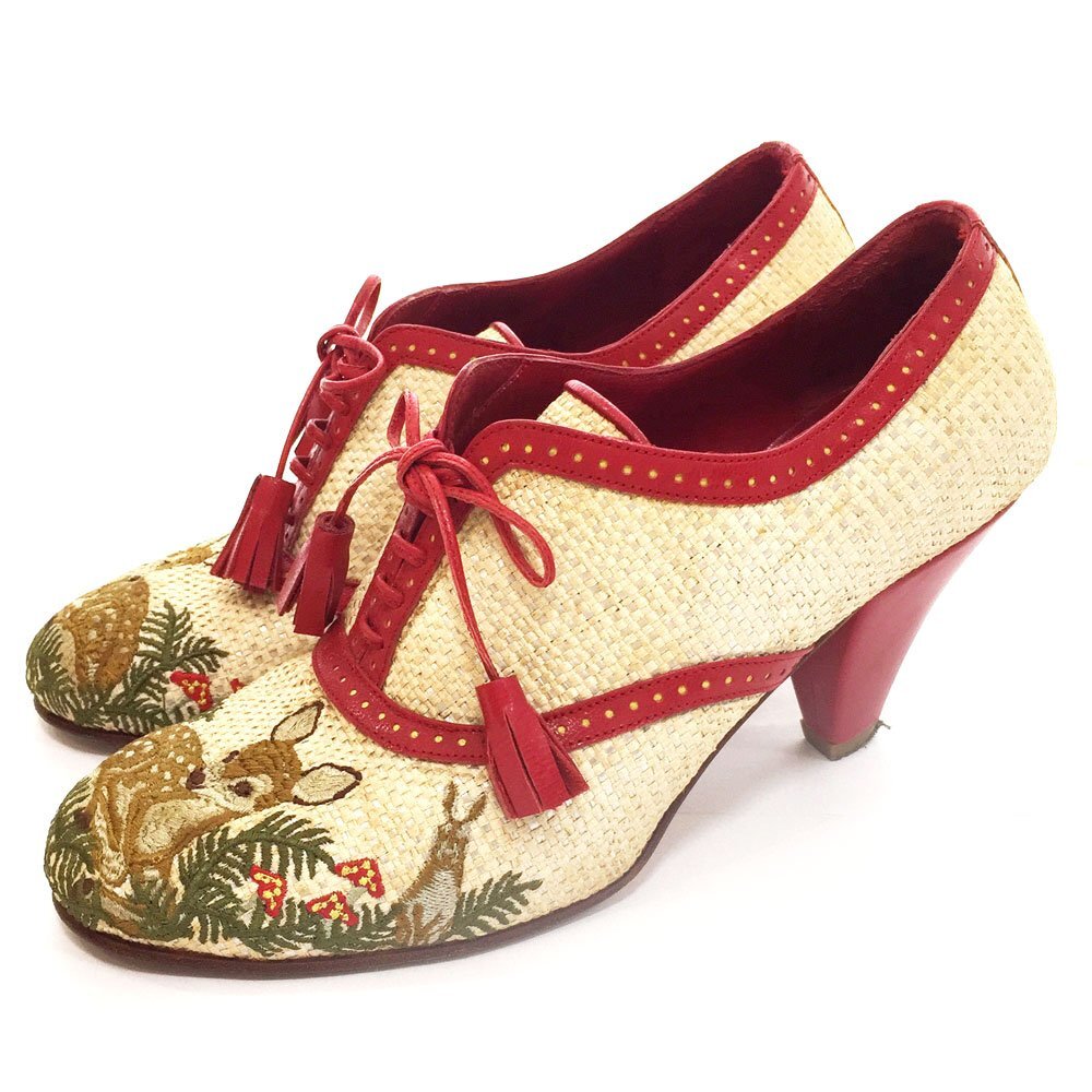 ◆DIVIA ディヴィア VIRGINIA SPAGNUOLO ラフィア×レザー レースアップ パンプス レディース37 約23.5-24cm ベージュ×レッド 5BA/93666拍卖