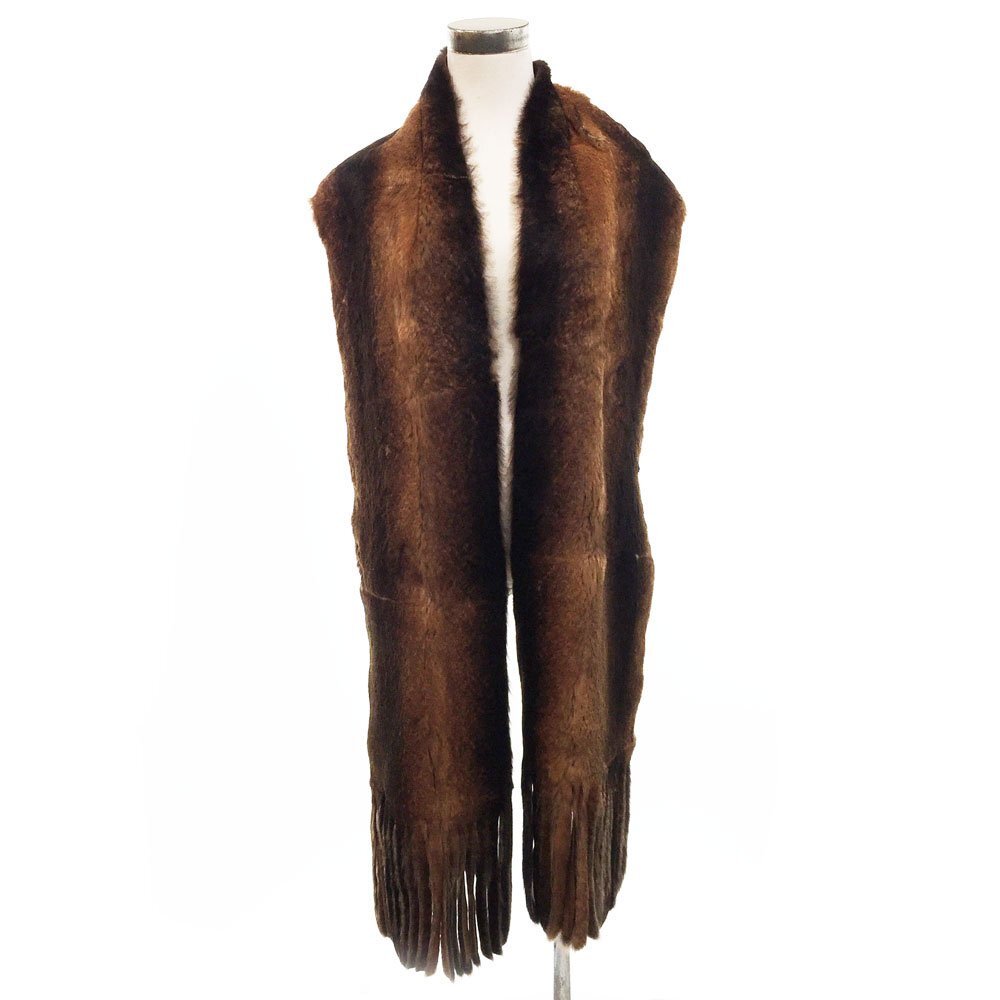 ◆美品 LEDERER PARIS ラビットファー×レザー ロングマフラー レディース リアルラビット フリンジ ブラウン フリンジ ショール 6BB/93751拍卖