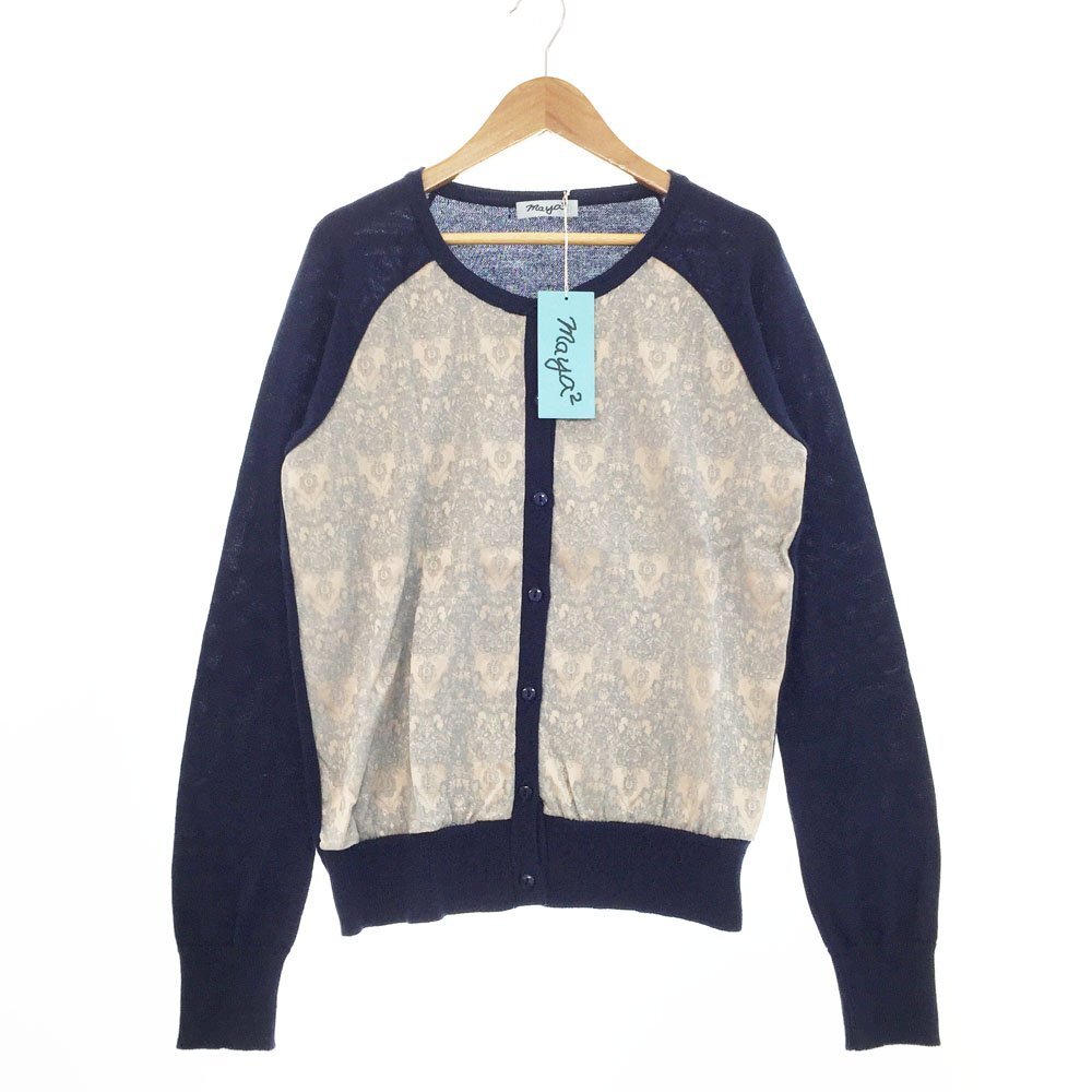 ★未使用 maya2 マヤツー 長袖 フロントレース ニットカーディガン サイズ9号-11号 レディース ネイビー×ベージュ×ブルー 1BB/93791拍卖