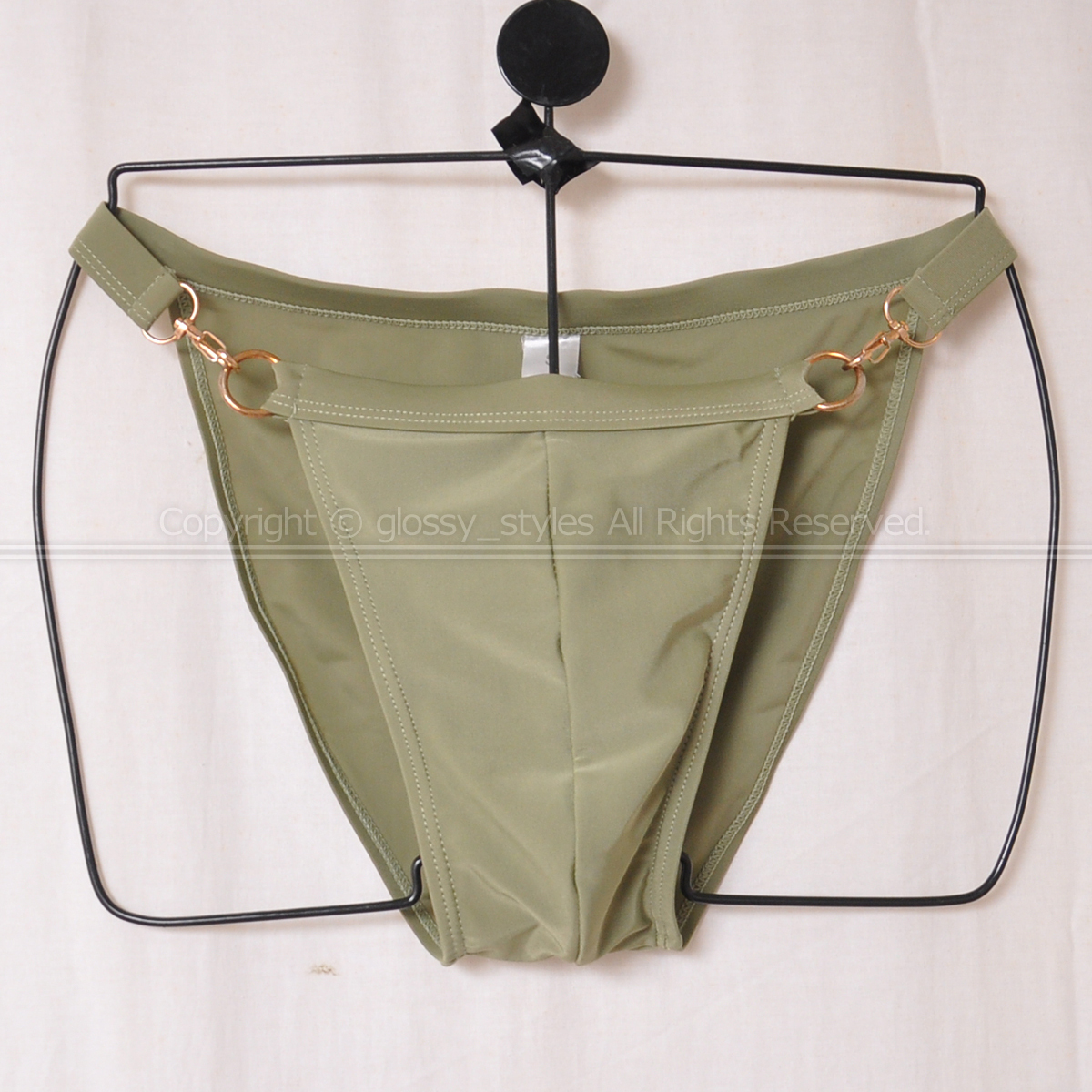 K2062-07■美品 サイドゴールド金具付き ハイレグ メンズビキニ ブーメラン水着 モスグリーン S拍卖