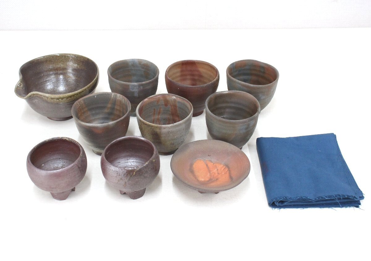 la73■白兎焼◆阪田孝行◆湯呑・ぐい呑み・盃・建水◆10点まとめて◆焼締◆箱無し◆茶碗◆茶器◆茶道具◆酒器◆鳥取民芸◆山陰拍卖