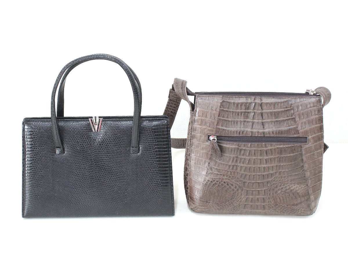 la44■ハンドバッグ+ショルダーバッグ◆2点セット◆REPTILE◆クロコバッグ◆レディースバッグ◆ブラック◆ブラウン系拍卖
