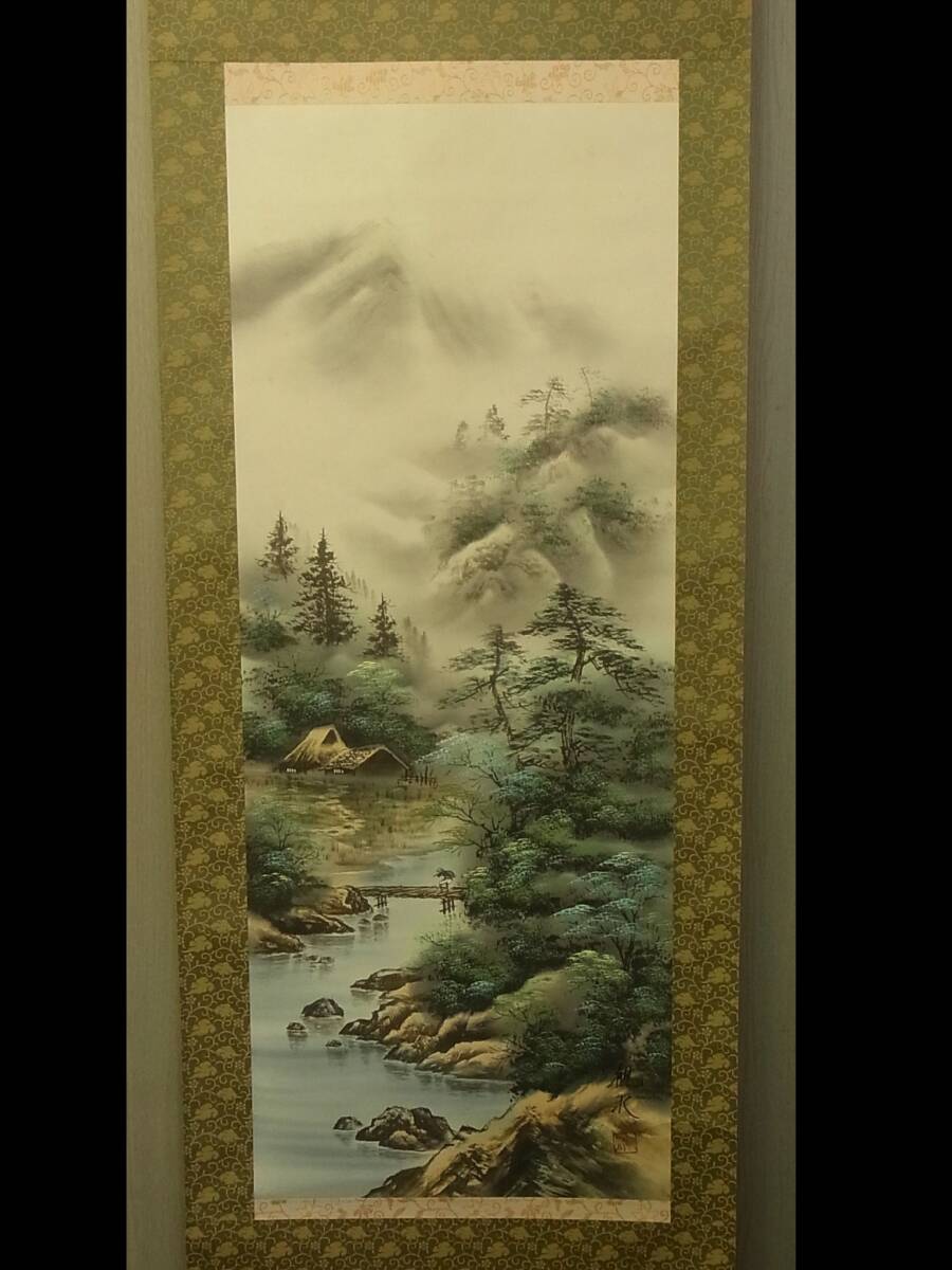 【模写】 t1858 蔵出 掛軸 観水 彩色山水 絹本 共箱 日本画 風景 書画骨董 山水図 拍卖