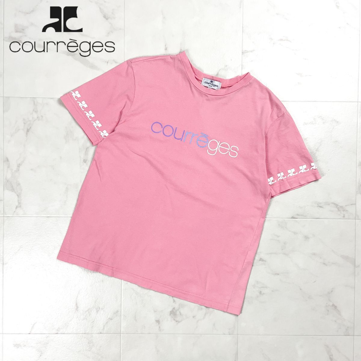 courreges クレージュ ロゴプリント半袖Tシャツ 袖プリント ヴィンテージ レディース ピンク サイズM*FD320拍卖