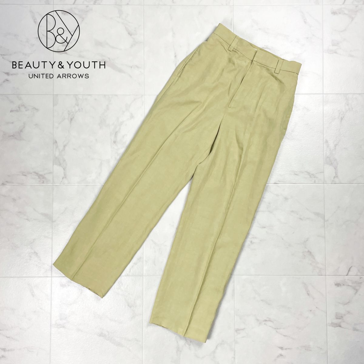 BEAUTY&YOUTH UNITED ARROWS ユナイテッドアローズ リネン混スラックス セミワイドパンツ レディース 黄緑 ライトグリーン サイズS*FD359拍卖