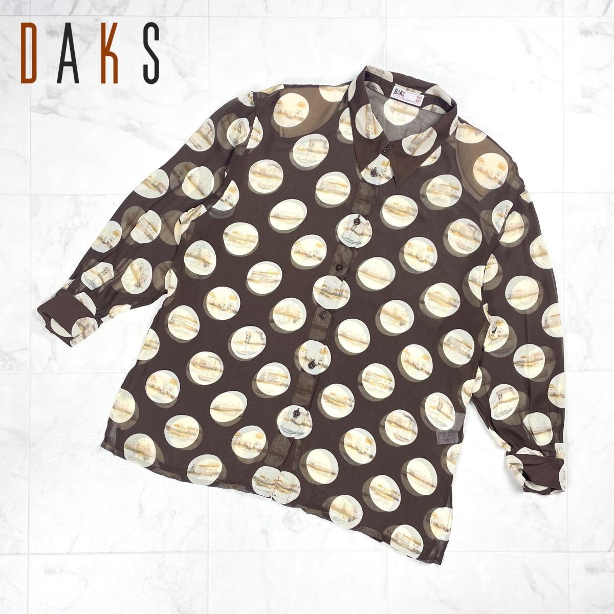 美品 DAKS LONDON ダックス シルク100%総柄シースルーシャツ 長袖ブラウス ドット柄 肩パッド付 レディース ブラウン 茶色 サイズ13*FD436拍卖