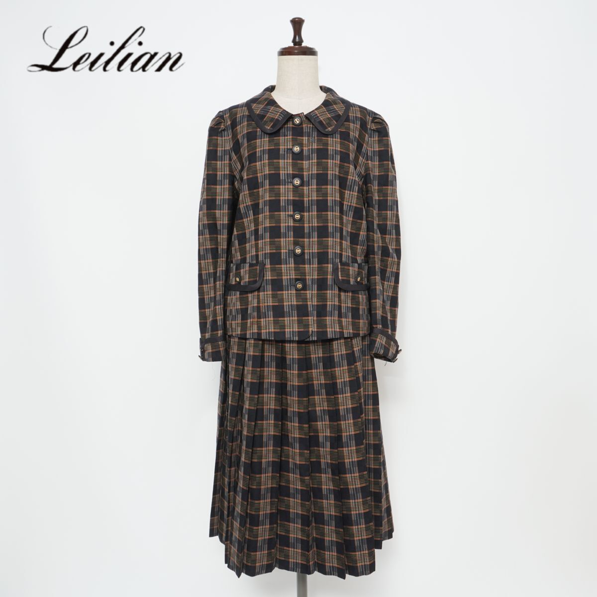 Leilian レリアン ウール100% チェック柄セットアップスカートスーツ プリーツ ミモレ丈 レディース ブラック系 黒 サイズ13*FD1116拍卖