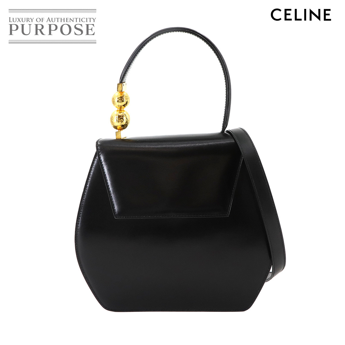 セリーヌ CELINE スターボール 2way ハンド ショルダー バッグ レザー ブラック ゴールド 金具 ヴィンテージ Hand Shoulder Bag 90291686拍卖