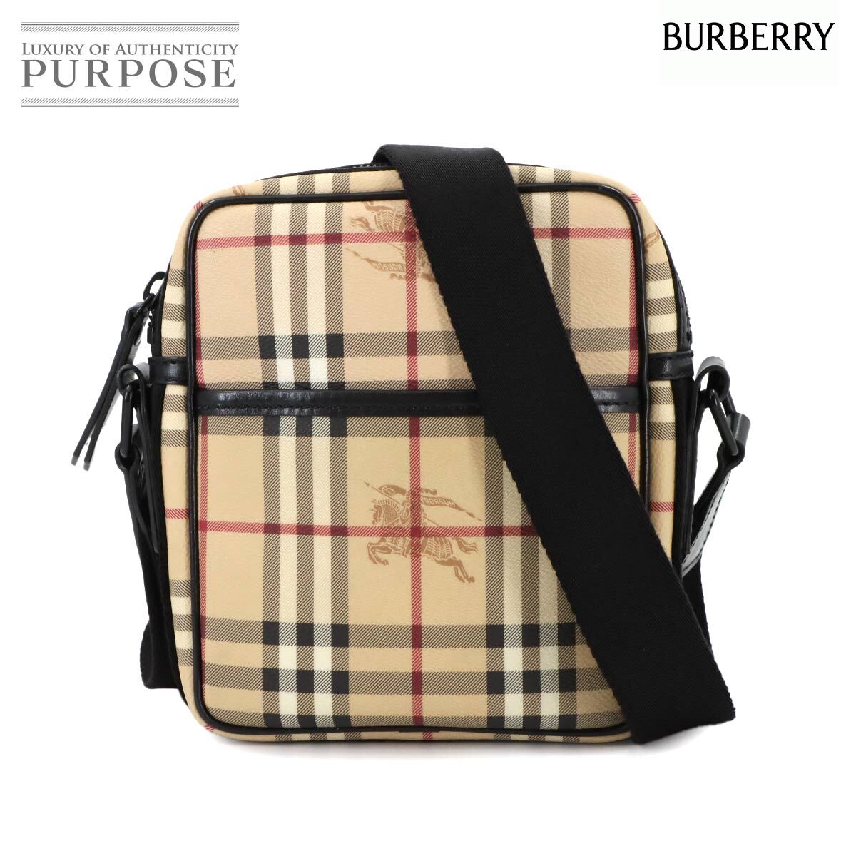 美品 バーバリー BURBERRY ノバチェック ショルダー バッグ PVC レザー ベージュ ブラック ブラック 金具 90294443拍卖
