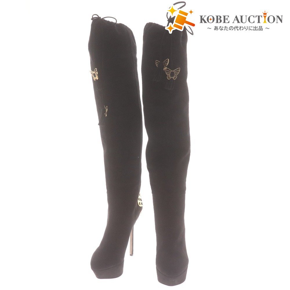 ■ セルジオロッシ ロングブーツ ハイヒール 靴 紐 蝶々柄 イタリア製 レディース 36 1/2 (23.0cm相当) ブラック 未使用拍卖