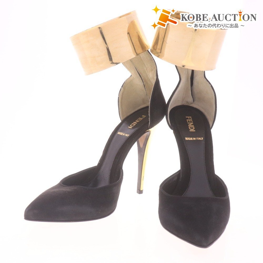 ■ FENDI フェンディ パンプス ヒール 靴 オープンバングル イタリア製 レディース 36 (23.0cm) 黒 ブラック ゴールド拍卖