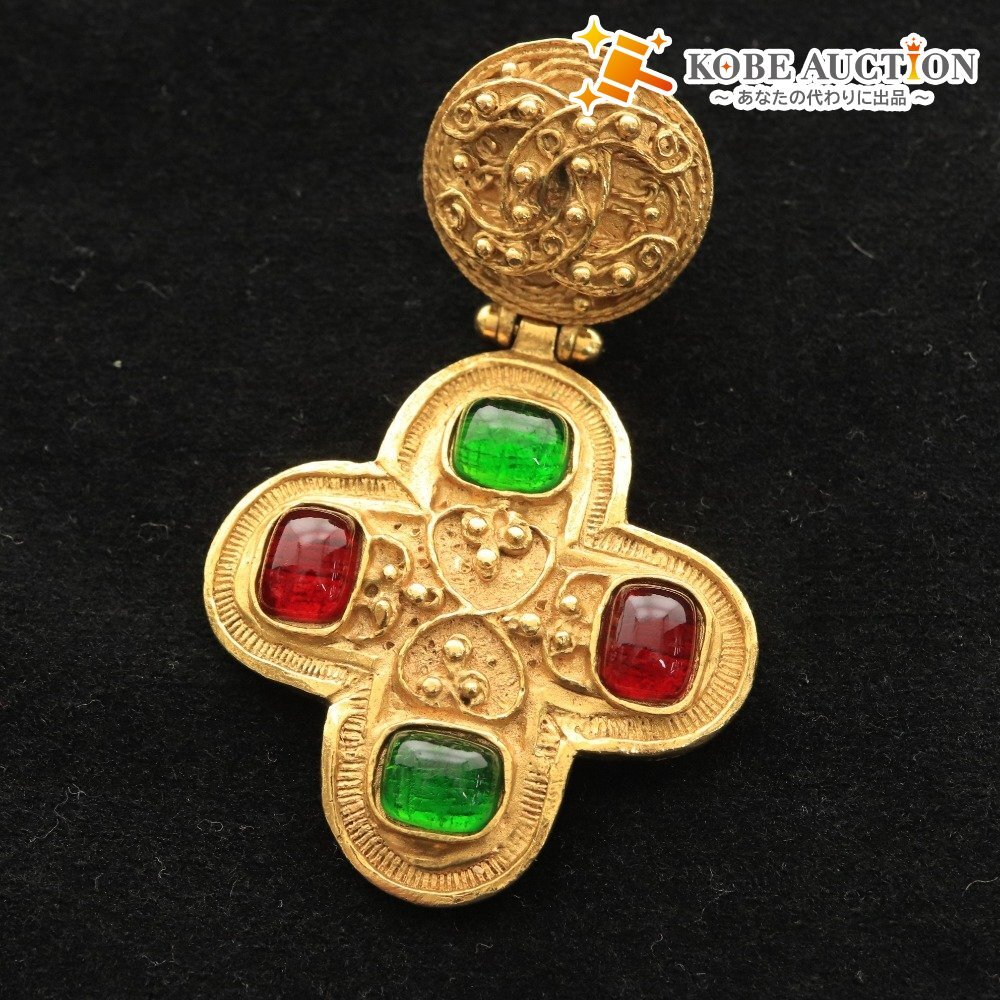 ■ シャネル カラーストーン ブローチ ヴィンテージ ココマーク 全長 6.5 重量 22g ゴールド レッド グリーン 付属品付き拍卖