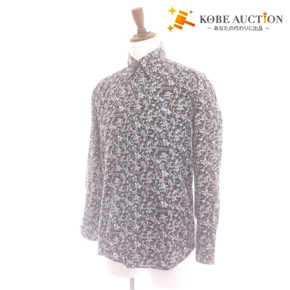 ■ バーバリー ブラックレーベル シャツ 長袖 トップス 襟 ボタン 花柄 総柄 ロゴ 日本製 メンズ 2 ブラック 黒拍卖