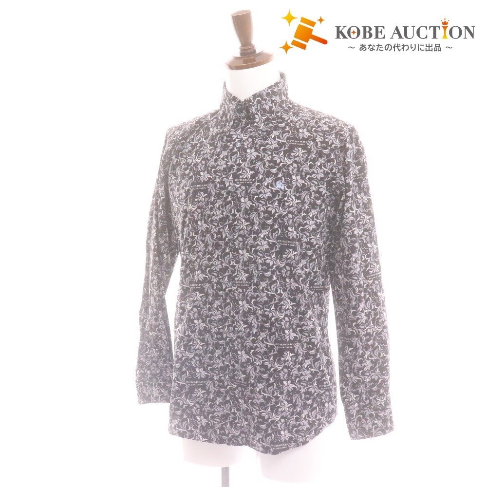 ■ バーバリー ブラックレーベル シャツ 長袖 トップス 襟 ボタン 花柄 総柄 ロゴ メンズ 2 ブラック 黒拍卖