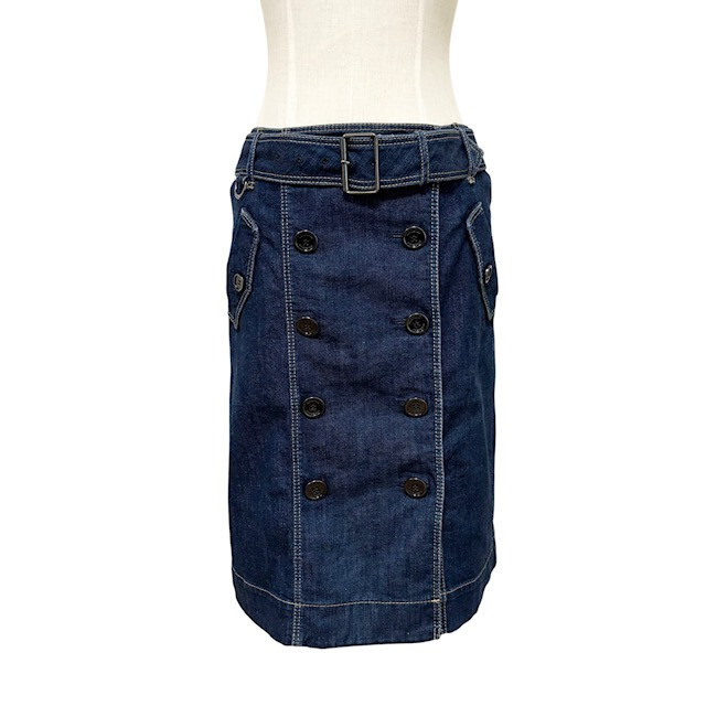 中古 バーバリーロンドン BURBERRY LONDON デニムスカート クリーニング済み 膝丈 付属ベルト付き レディース サイズ38拍卖