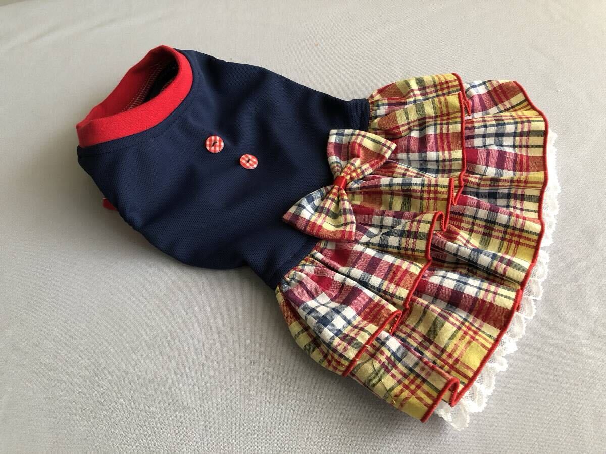 ◇胴38◇ネイビーニット◇赤系チェック柄フリルスカートワンピ拍卖