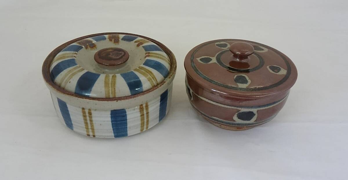 【菊水-479】(KH)陶器 2種類 2個セット/蓋付容器/茶色/青茶灰色/和製食器/サイズ違い/割れ物/中古(IT)拍卖