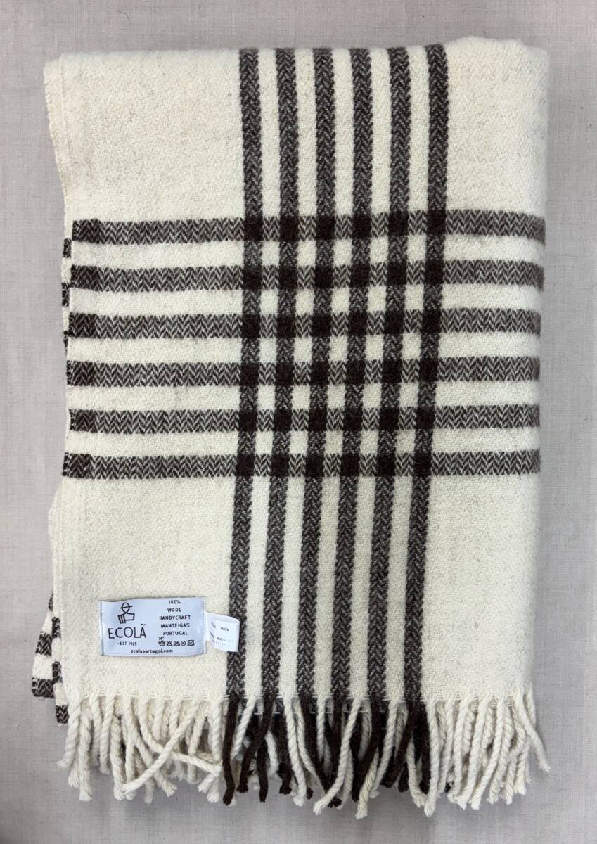 M1365/ ECOLA エコラ チェック 100% ウール ブランケット/ ハンディクラフト manteigas マンテイガス ポルトガル オフホワイト拍卖