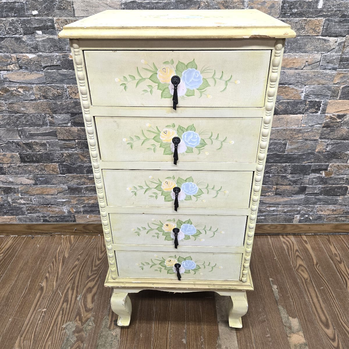 ♪♪5h019-1 ヨーロピアン カブリオールレッグ チェスト 5段 W400×D345×H845 整理箪笥 洋タンス 花柄 お洒落♪♪♪拍卖