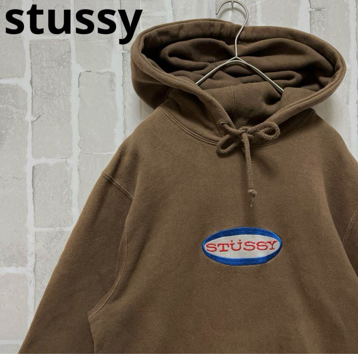 stussy ステューシー 長袖 パーカー スウェット プルオーバー デカロゴ 刺繍ロゴ センターロゴ サイズS ブラウン フーディ 裏起毛 短丈拍卖